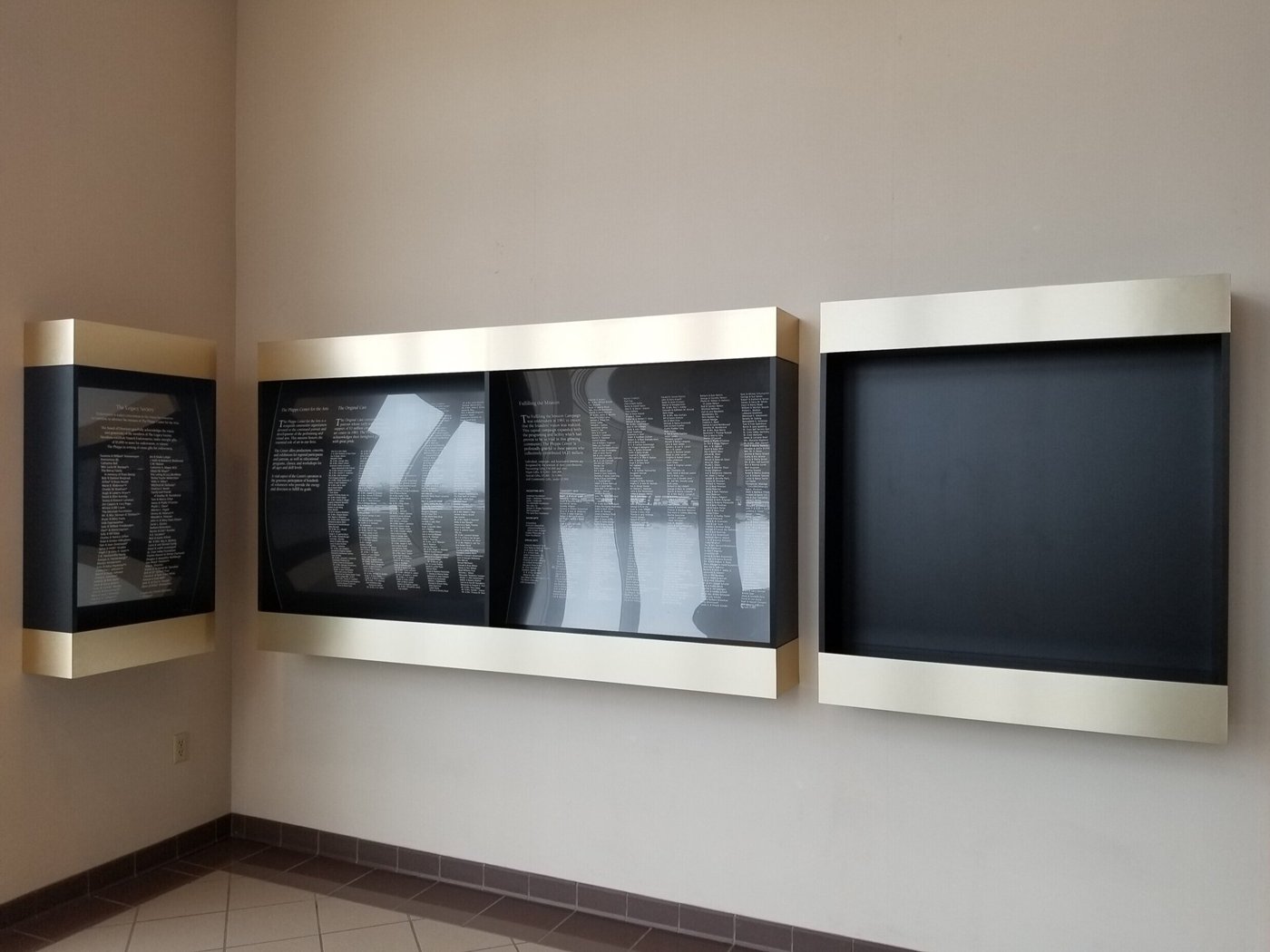 Wall-mounted display cases with brushed metal frames and dark glass fronts