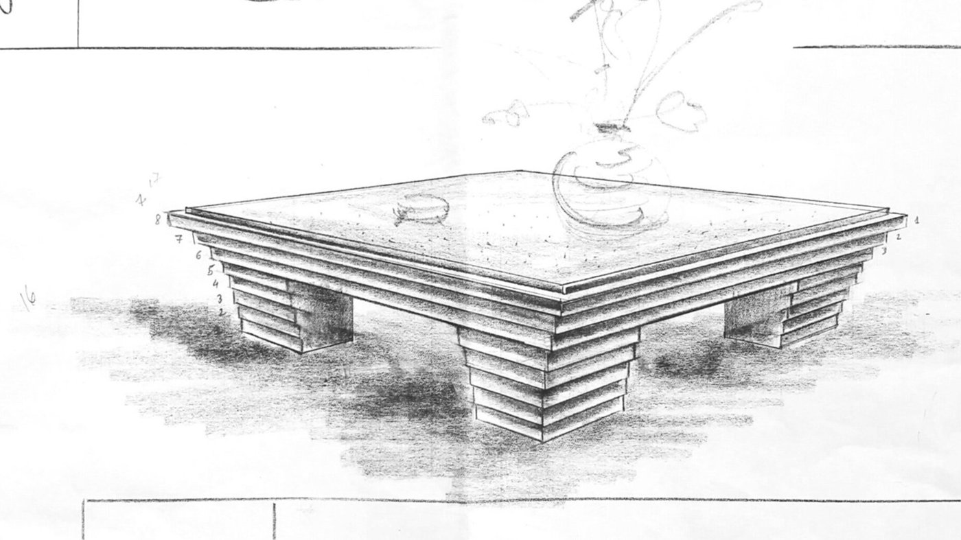 Hand-drawn pencil design for a custom piece of furniture
